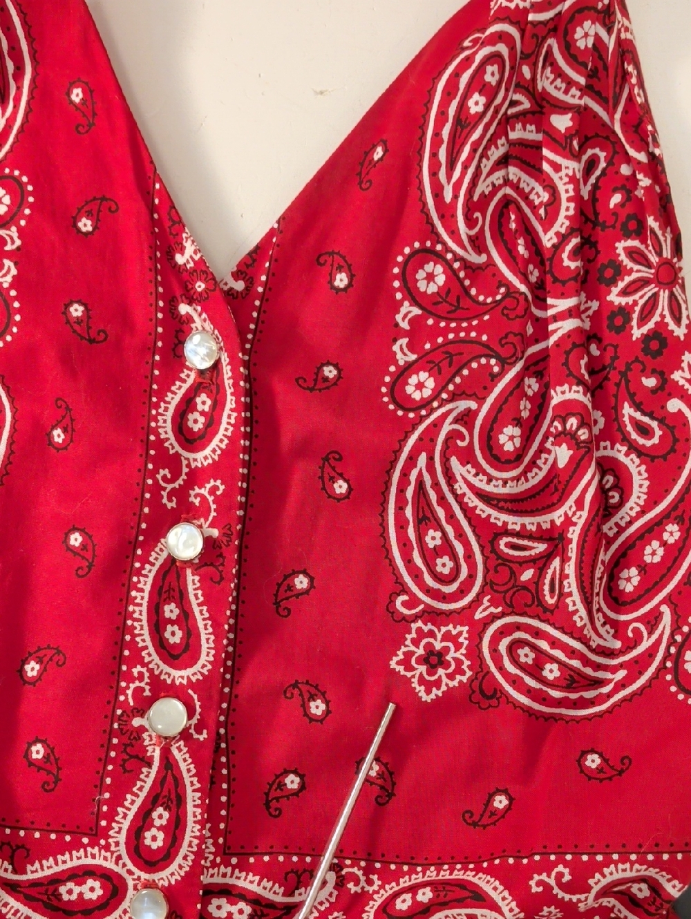 Vintage Red Bandana Halter Dress Fit-and-Flare Low V Belted Sexy Country Western - Picture 14 of 15
